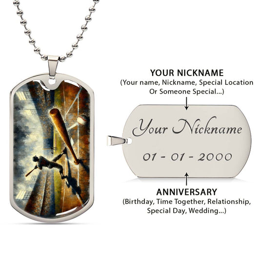 Baseball Dog Tag Necklace - BBD003 - Baseball Game Action - Military Ball Chain