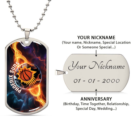 Basketball Dog Tag Necklace - BKD011 - Phoenix Suns - Fiery Basketball Globe Spotlight - Military Ball Chain