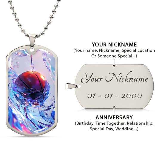 Basketball Dog Tag Necklace - BKD012 - Basketball in Dynamic Splash - Military Ball Chain