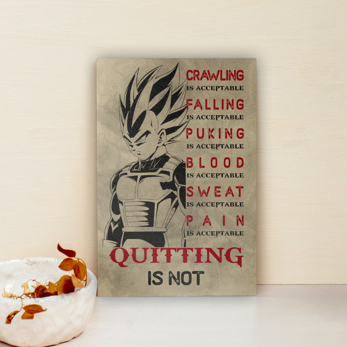 Vegeta Super Saiyan Canvas Wall Art - Dragon Ball Anime Motivational Quote “Quitting Is Not” Print - Ready to Hang Gym Workout Decor - DR014