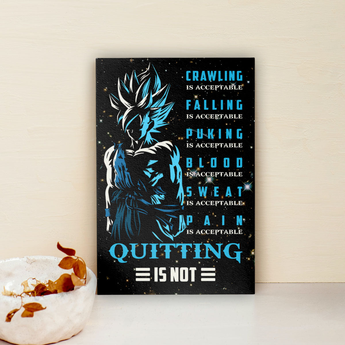Goku Super Saiyan Blue Canvas Wall Art - Dragon Ball Anime Motivational Quote “Quitting Is Not” Print - Ready to Hang Gym Workout Decor - DR015