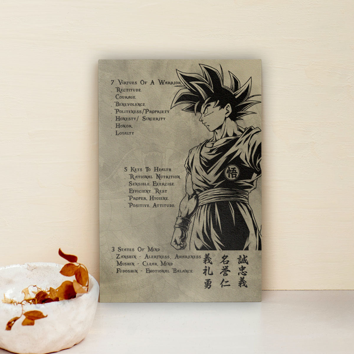 Goku Dragon Ball Z Motivational Canvas Wall Art - 7 Virtues of a Warrior & 5 Keys to Health - Anime Poster Room Decor - DR044
