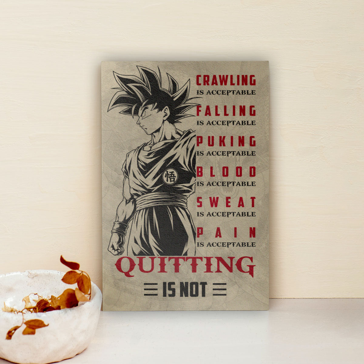 Goku Super Saiyan Canvas Wall Art - Dragon Ball Z Motivational Quote “Quitting Is Not” Print - Ready to Hang Gym Workout Decor - DR055