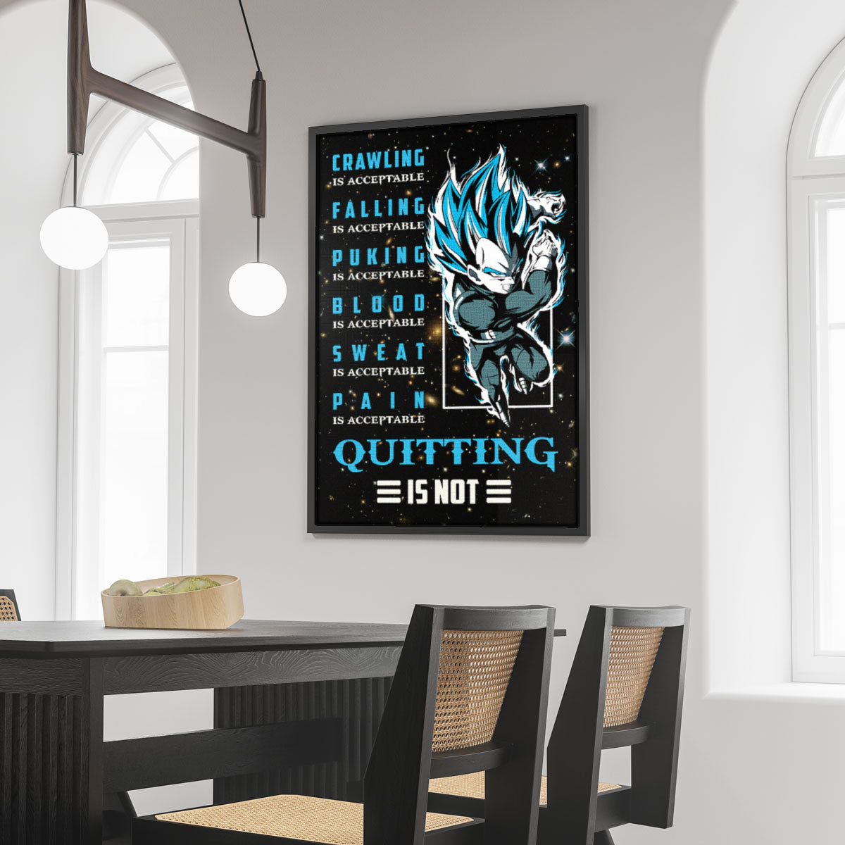 Vegeta Super Saiyan Blue Canvas Wall Art - Dragon Ball Anime Motivational Quote “Quitting Is Not” Print - Ready to Hang Gym Workout Decor - DR056
