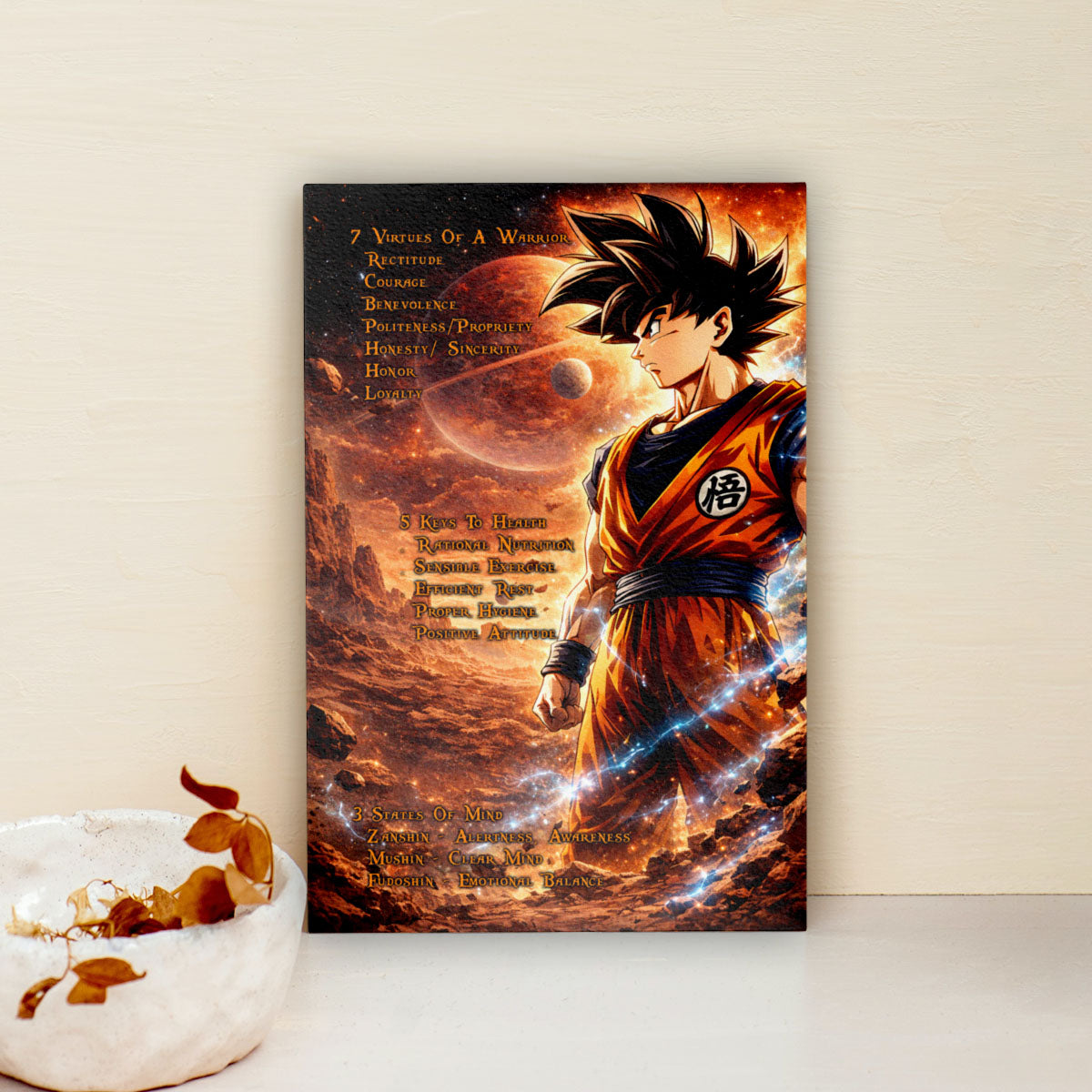 Goku Dragon Ball Z Motivational Canvas Wall Art - 7 Virtues of a Warrior & 5 Keys to Health - Anime Poster Room Decor - DR080