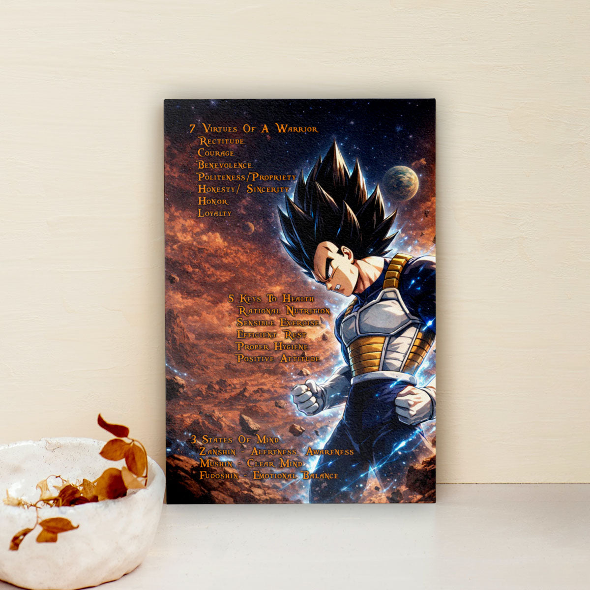 Vegeta Dragon Ball Z Motivational Canvas Wall Art - 7 Virtues of a Warrior & 5 Keys to Health - Anime Poster Room Decor - DR081