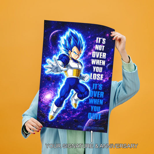 Vegeta Dragon Ball Super Motivational Canvas Wall Art - Super Saiyan Blue - It's Not Over When You Lose - Gamer Boy Room Decor Gift - DR083