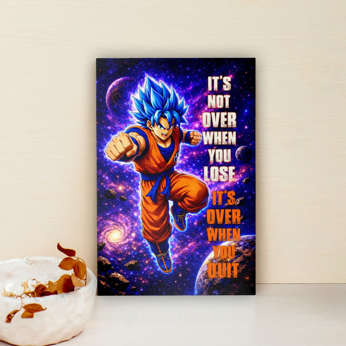 Goku Dragon Ball Super Motivational Canvas Wall Art - Super Saiyan Blue - It's Not Over When You Lose - Gamer Boy Room Decor Gift - DR084
