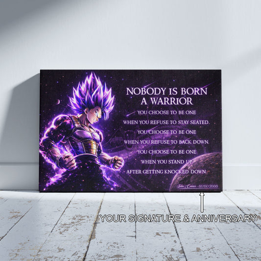 Dragon Ball Super Vegeta Ultra Ego Canvas Wall Art - Nobody Is Born A Warrior - Motivational Quote Print - Ready to Hang Anime Decor for Boys Room, Man Cave - DR090
