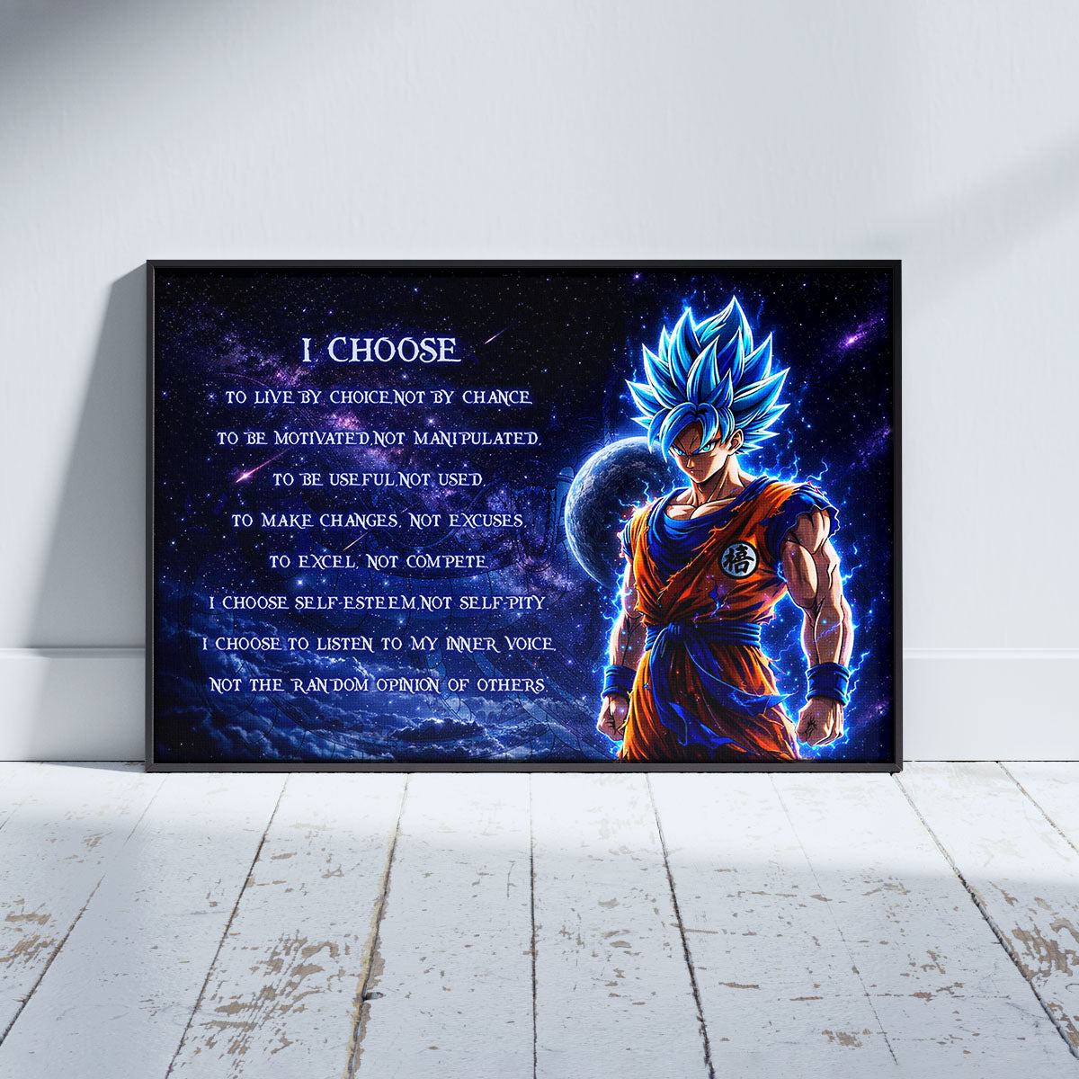 Dragon Ball Super Saiyan Blue Goku Canvas Wall Art - I Choose - Motivational Quote Print - Ready to Hang Office Living Room Decor - DR092
