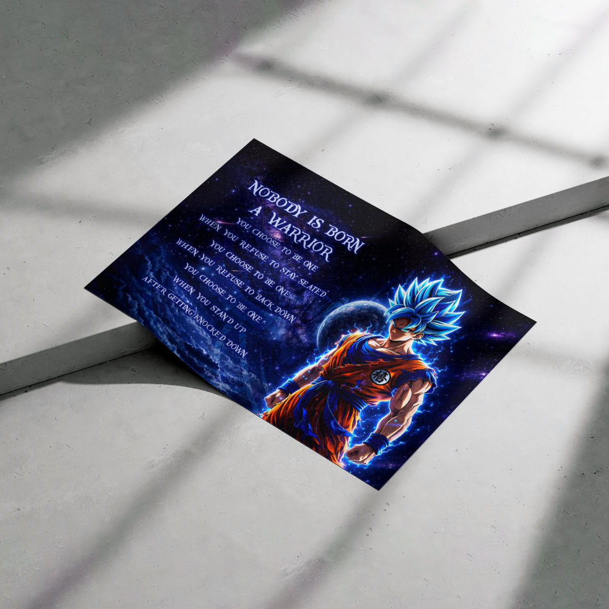 Dragon Ball Super Saiyan Blue Goku Canvas Wall Art - Nobody Is Born A Warrior - Motivational Quote Print - Ready to Hang Home Office Decor - DR093