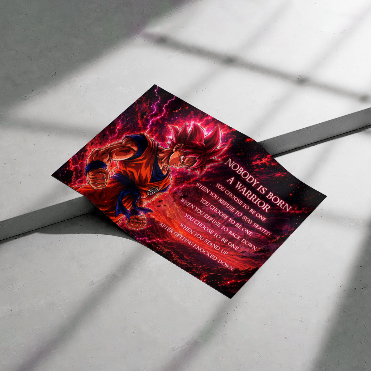 Goku Super Saiyan God Canvas Wall Art - Dragon Ball Super Motivational "Nobody Is Born A Warrior" Print - Ready to Hang Home Office Decor - DR096