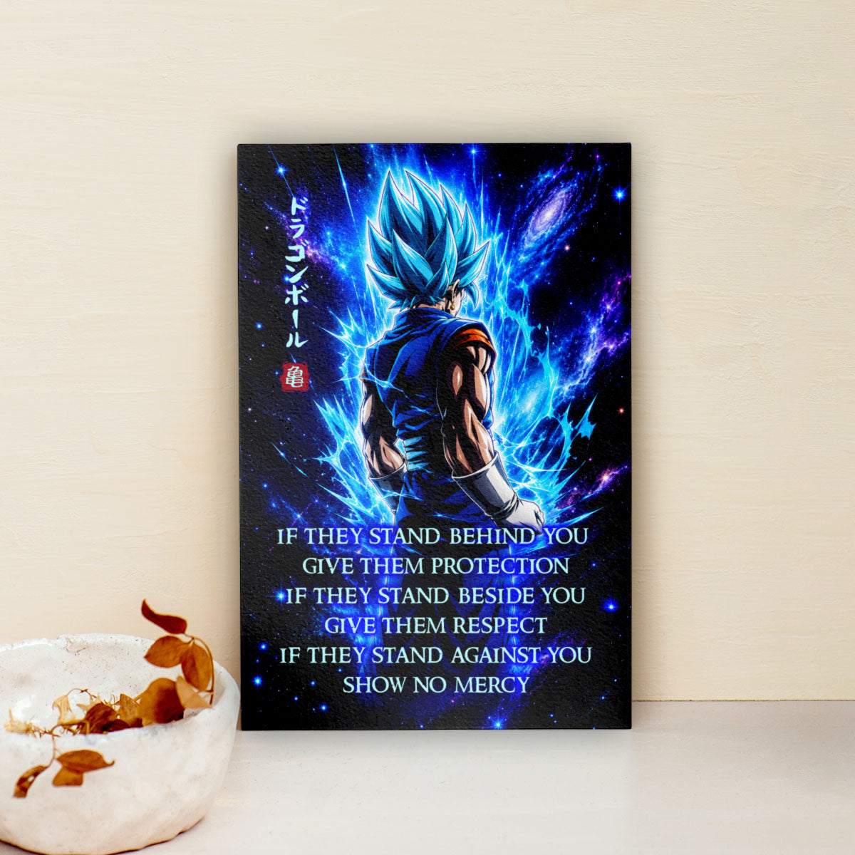 Vegito Blue Dragon Ball Super Canvas Wall Art - Show No Mercy - Motivational Quote Print - Office Living Room Decor, Framed Ready to Hang - DR099