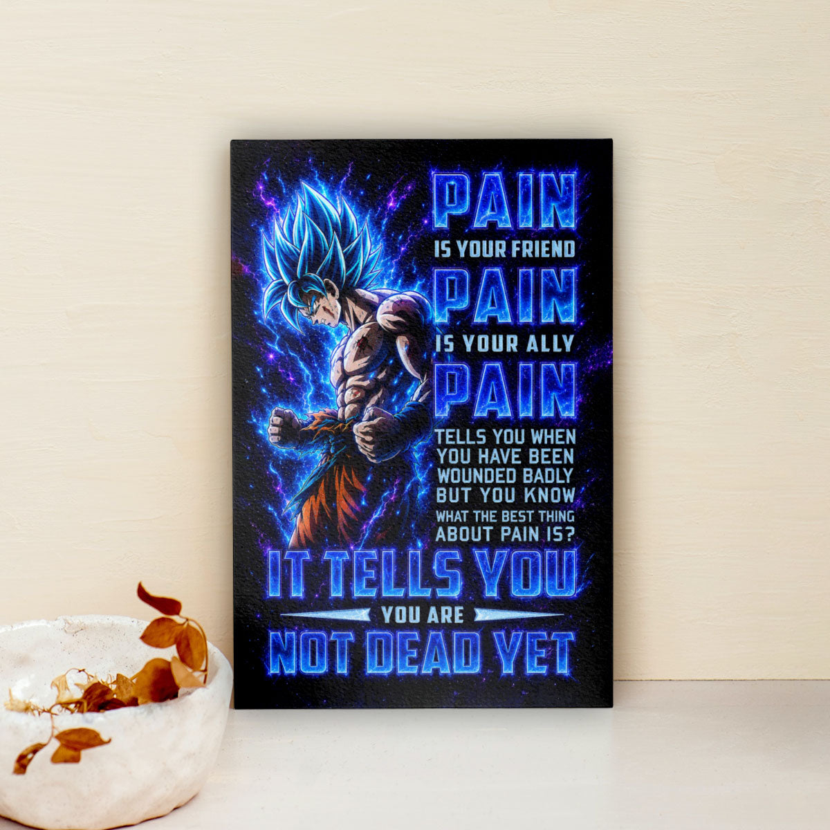 Goku Super Saiyan Blue Canvas Wall Art - Dragon Ball Super Motivational "Pain" Print - Ready to Hang Home Office Decor - DR100