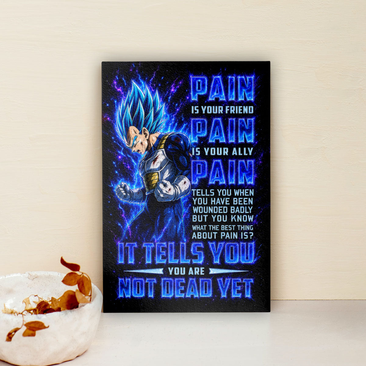 Vegeta Super Saiyan Blue Canvas Wall Art - Dragon Ball Super Motivational "Pain" Print - Ready to Hang Home Office Decor - DR101