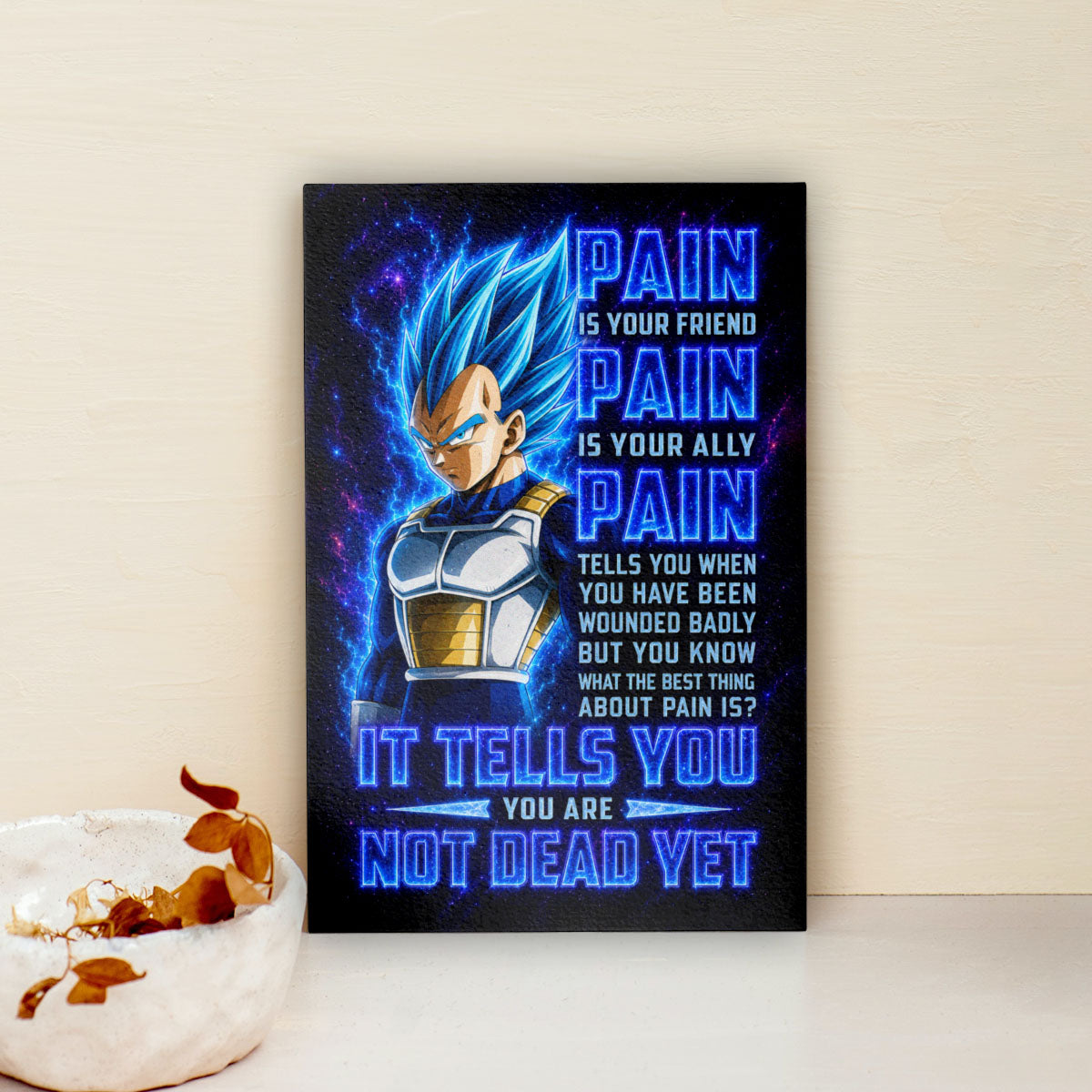 Vegeta Super Saiyan Blue Canvas Wall Art - Dragon Ball Super Motivational "Pain" Print - Ready to Hang Home Office Decor - DR102