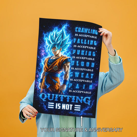 Goku Super Saiyan Blue Canvas Wall Art - Dragon Ball Anime Motivational Quote “Quitting Is Not” Print - Ready to Hang Gym Workout Decor - DR103