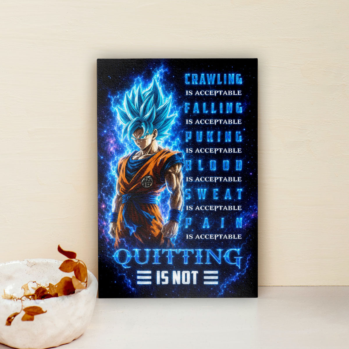 Goku Super Saiyan Blue Canvas Wall Art - Dragon Ball Anime Motivational Quote “Quitting Is Not” Print - Ready to Hang Gym Workout Decor - DR103