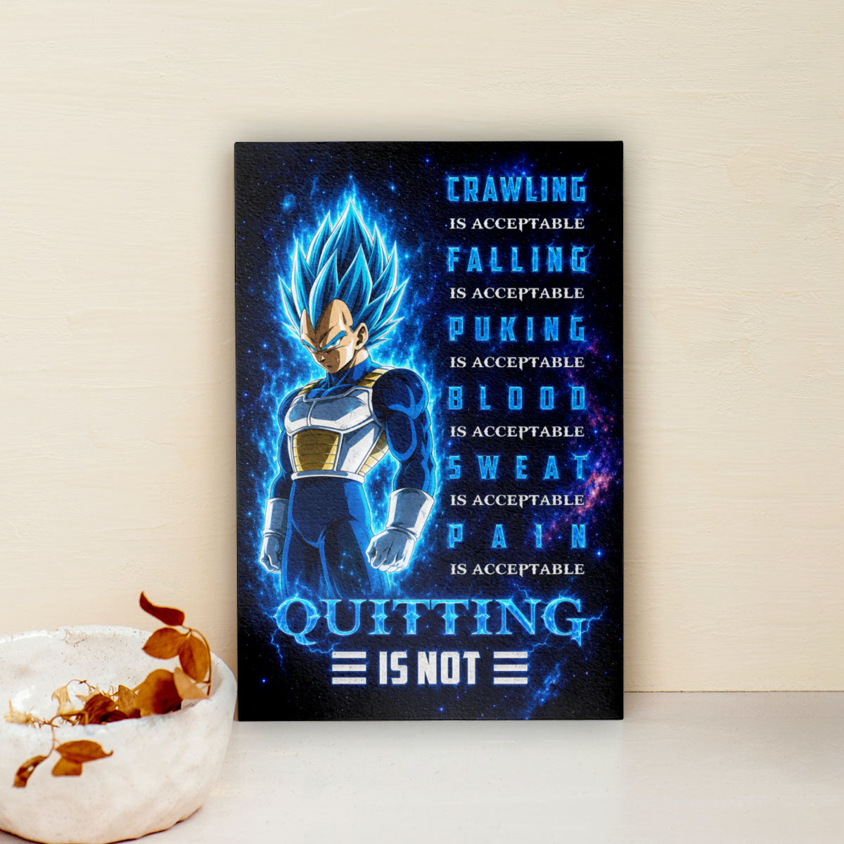 Vegeta Super Saiyan Blue Canvas Wall Art - Dragon Ball Anime Motivational Quote “Quitting Is Not” Print - Ready to Hang Gym Workout Decor - DR104