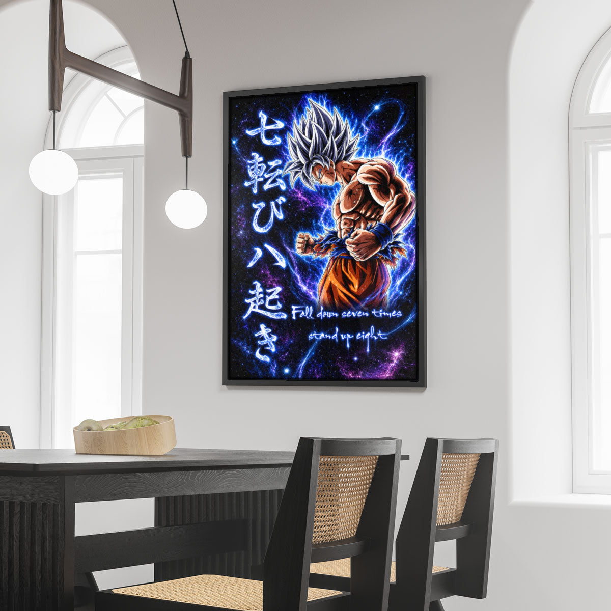 Goku Ultra Instinct Canvas Wall Art - Dragon Ball Anime Motivational Quote “Fall Down 7 Times Stand Up 8” - Ready to Hang Gamer Room Decor - DR105
