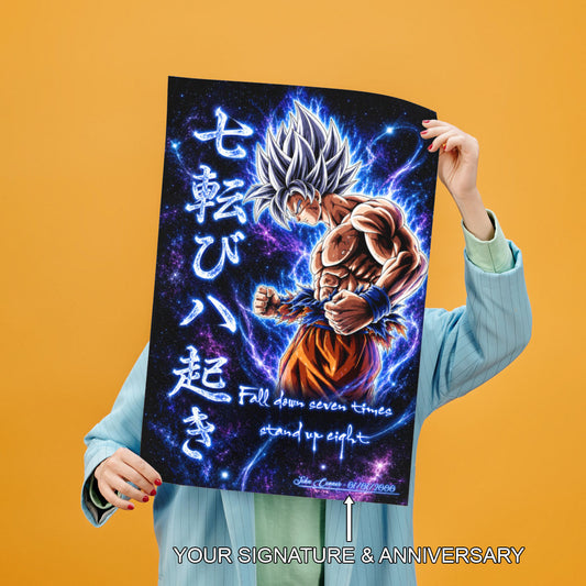 Goku Ultra Instinct Canvas Wall Art - Dragon Ball Anime Motivational Quote “Fall Down 7 Times Stand Up 8” - Ready to Hang Gamer Room Decor - DR105