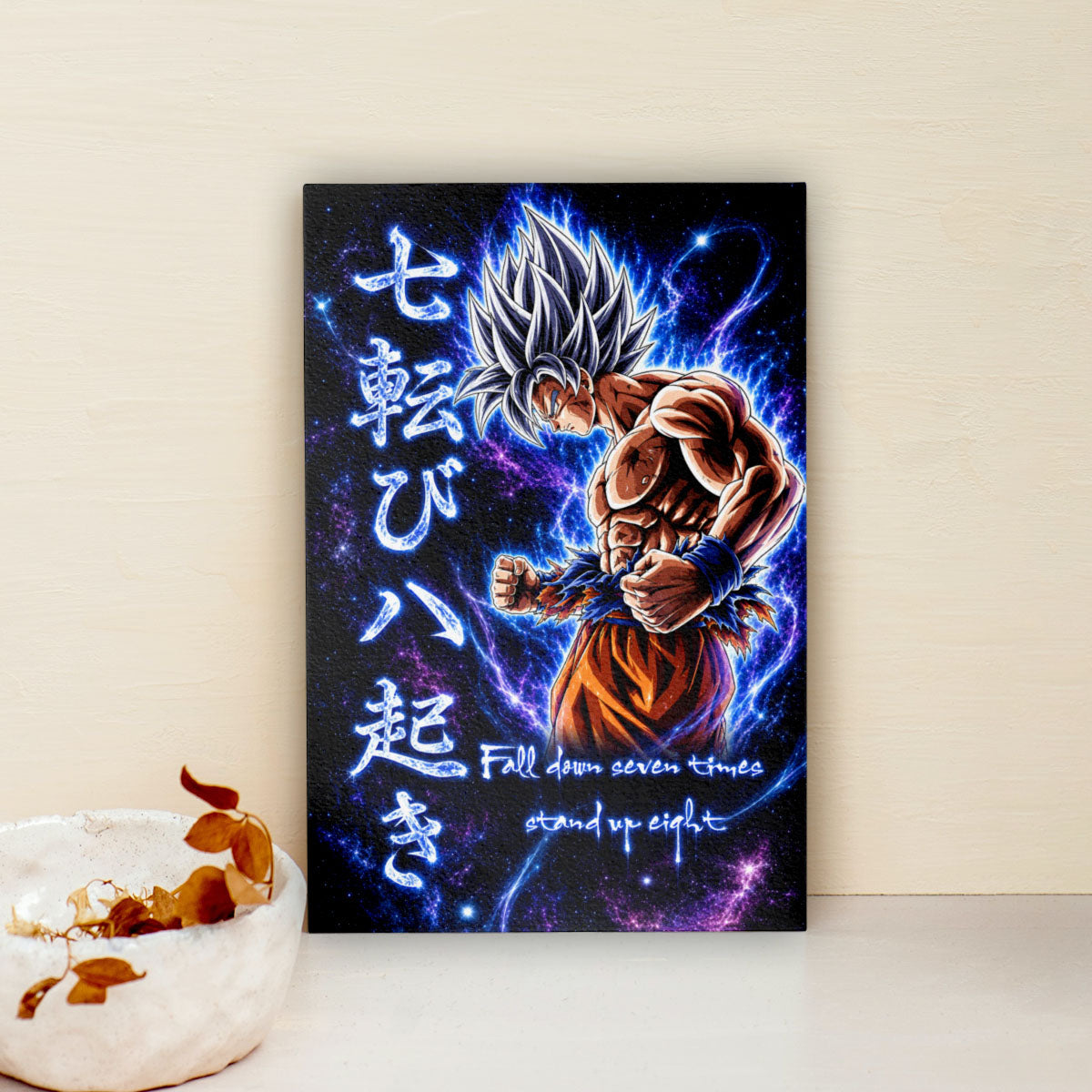 Goku Ultra Instinct Canvas Wall Art - Dragon Ball Anime Motivational Quote “Fall Down 7 Times Stand Up 8” - Ready to Hang Gamer Room Decor - DR105