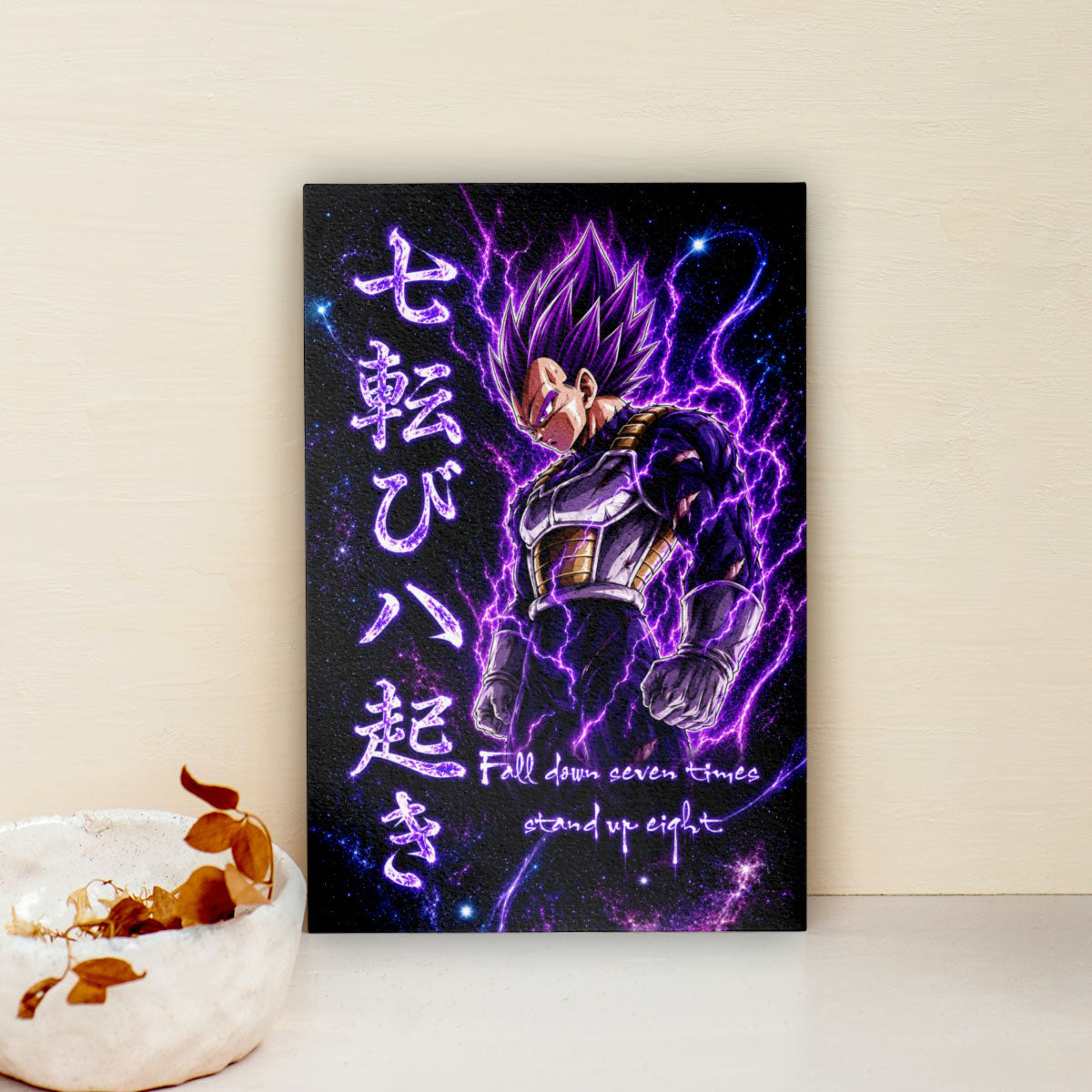 Vegeta Ultra Ego Canvas Wall Art - Dragon Ball Anime Motivational Quote “Fall Down 7 Times Stand Up 8” - Ready to Hang Gamer Room Decor - DR106