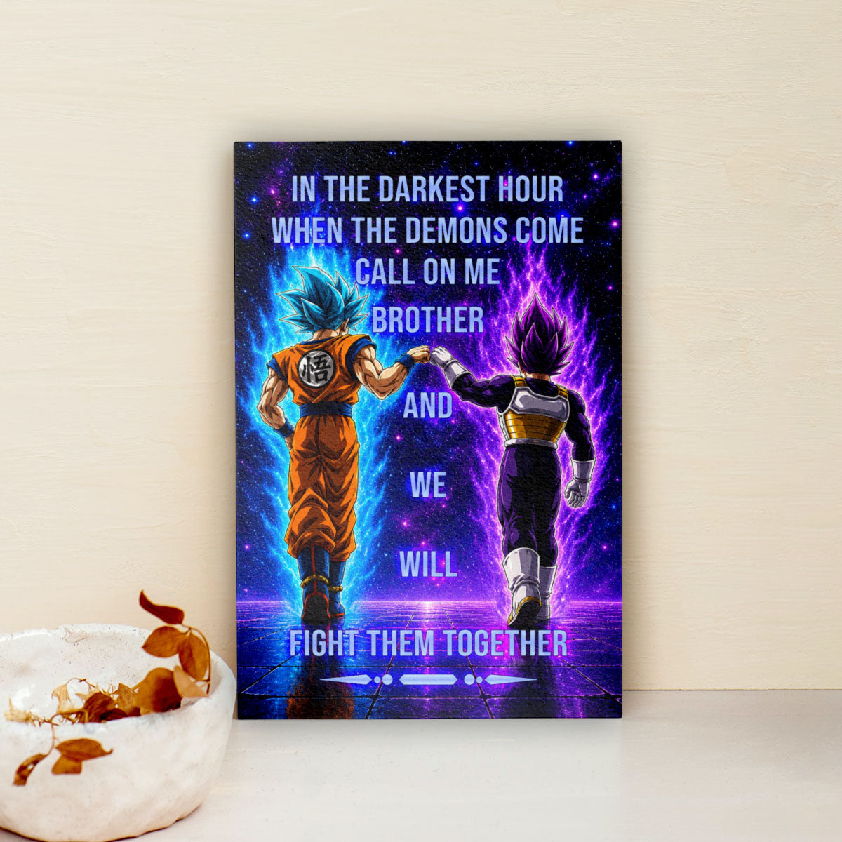 Dragon Ball Super Saiyan Blue Goku & Ultra Ego Vegeta Canvas Wall Art - Motivational Quote “Brother” - Ready to Hang Home Office Decor - DR116