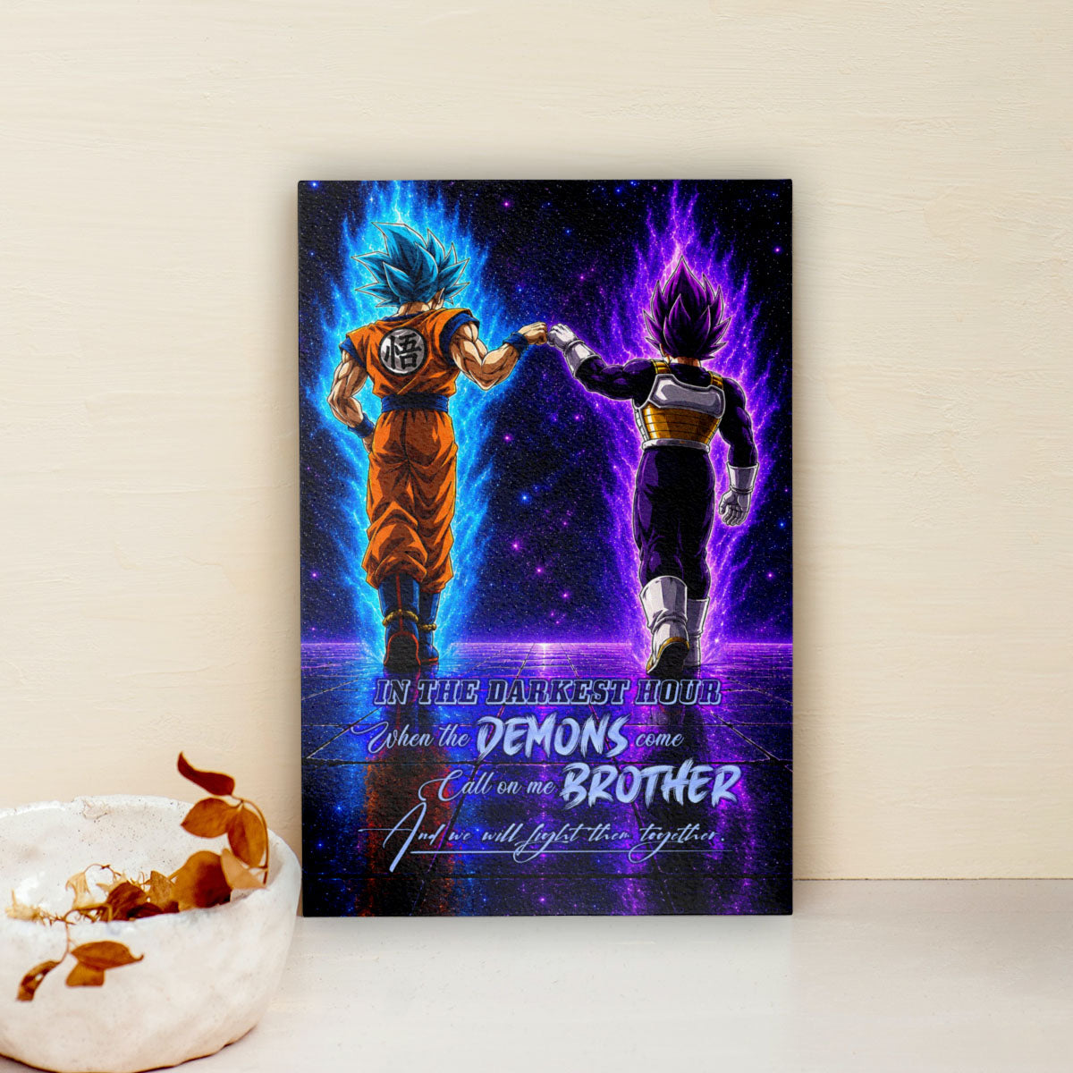 Dragon Ball Super Saiyan Blue Goku & Ultra Ego Vegeta Canvas Wall Art - Motivational Quote “Brother” - Ready to Hang Home Office Decor - DR122