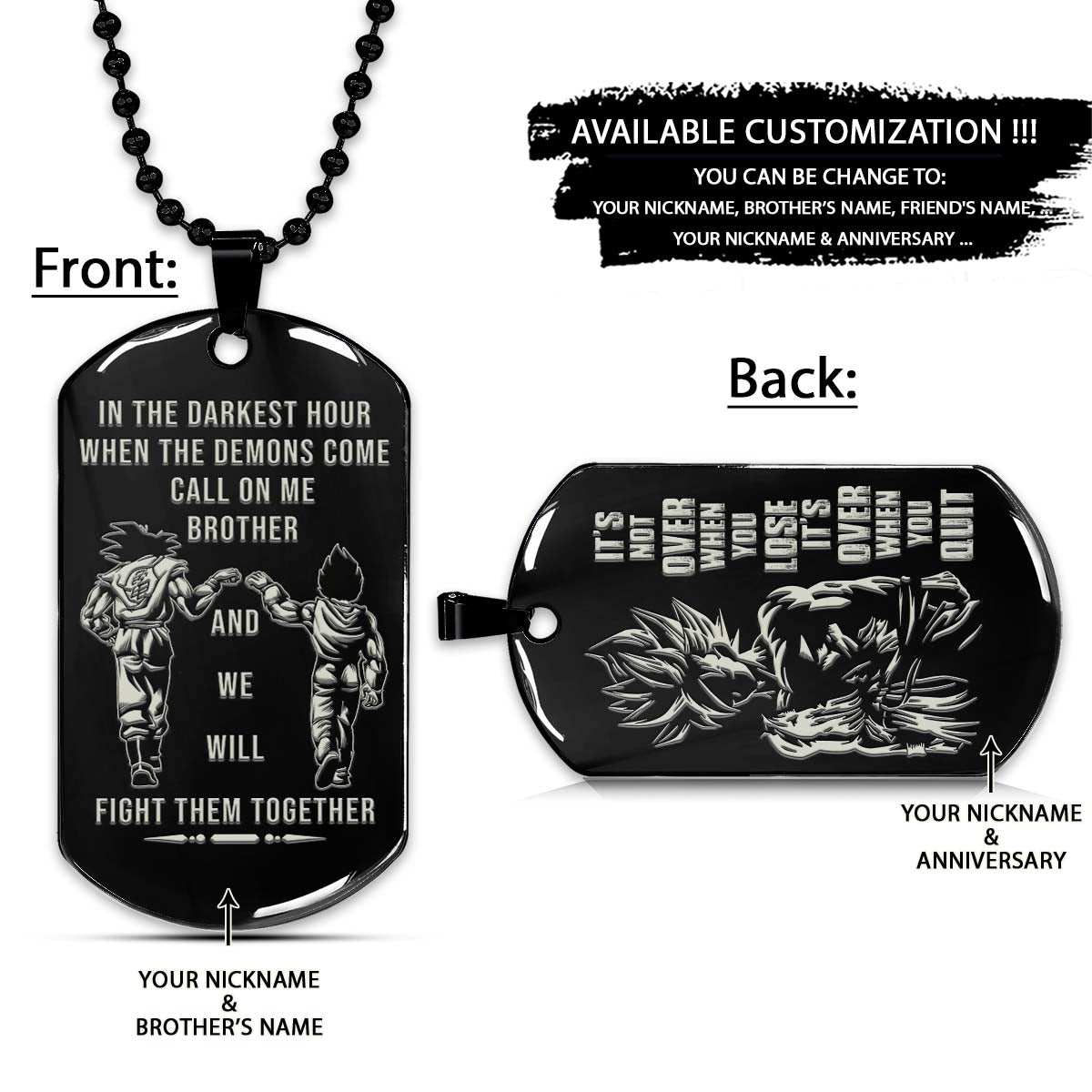 Dragon Ball Dog Tag - Call On Me Brother - It's Not Over When You Lose - Goku - Vegeta - Dragon Ball Necklace - Engrave Dog Tag