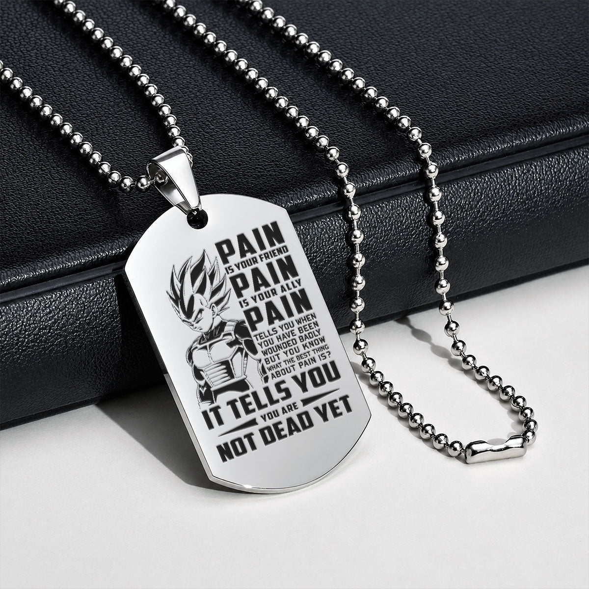 Dragon Ball Engraved Dog Tag Necklace - DRD065 - Vegeta - Pain Is Your Friend - Military Ball Chain - 316L Stainless Steel
