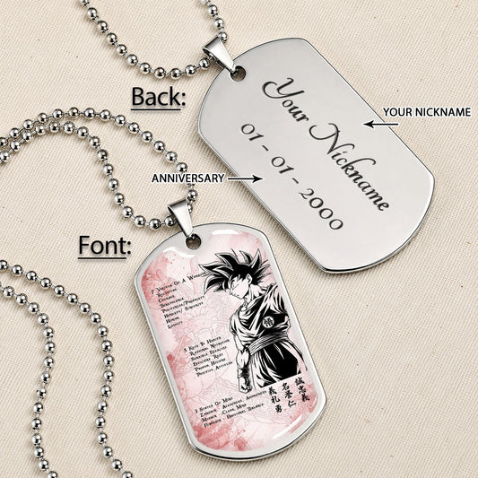 Custom Dragon Ball Goku Dog Tag Necklace - Motivational Quote “7 Virtues of a Warrior & 5 Keys to Health” Stainless Steel Pendant - Gift for DBZ Fans - DRDL044