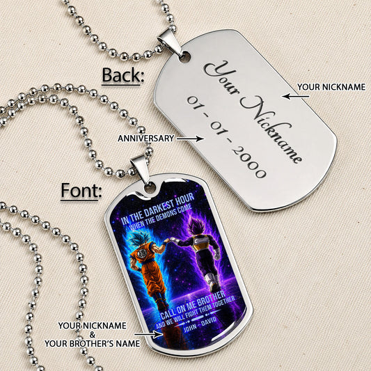 Dragon Ball Dog Tag Necklace - DRDL117 - Goku - Vegeta - Call On Me Brother - Gift for DBZ Fans - Military Ball Chain
