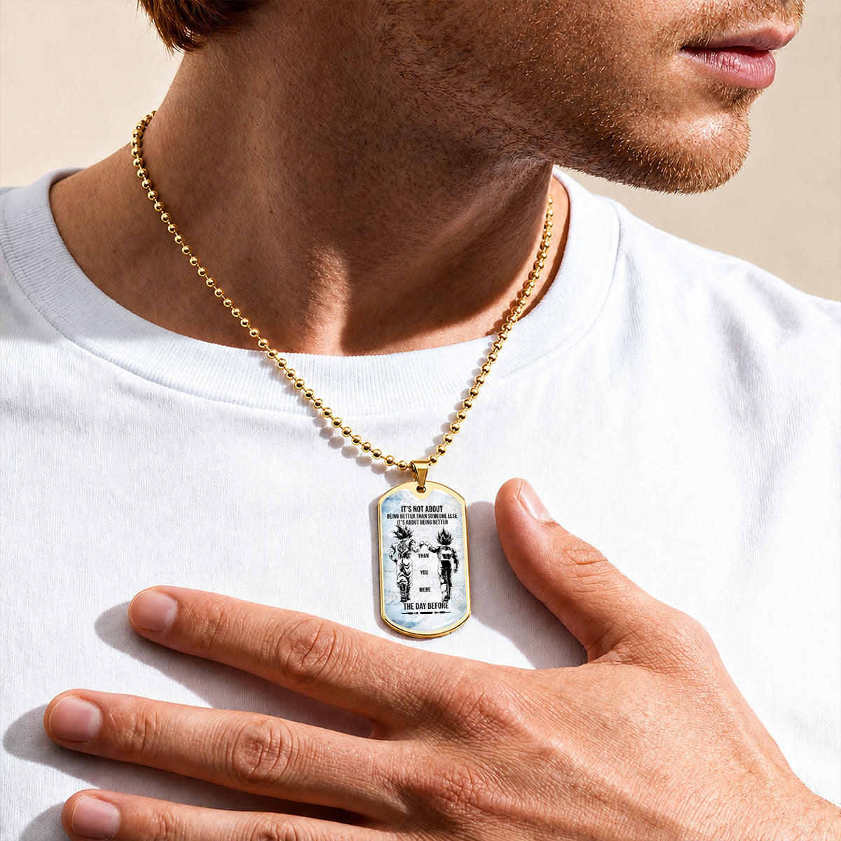 Dragon Ball Dog Tag Necklace - DRDL130 - Goku - Vegeta - Being Better Than Yesterday - Military Ball Chain