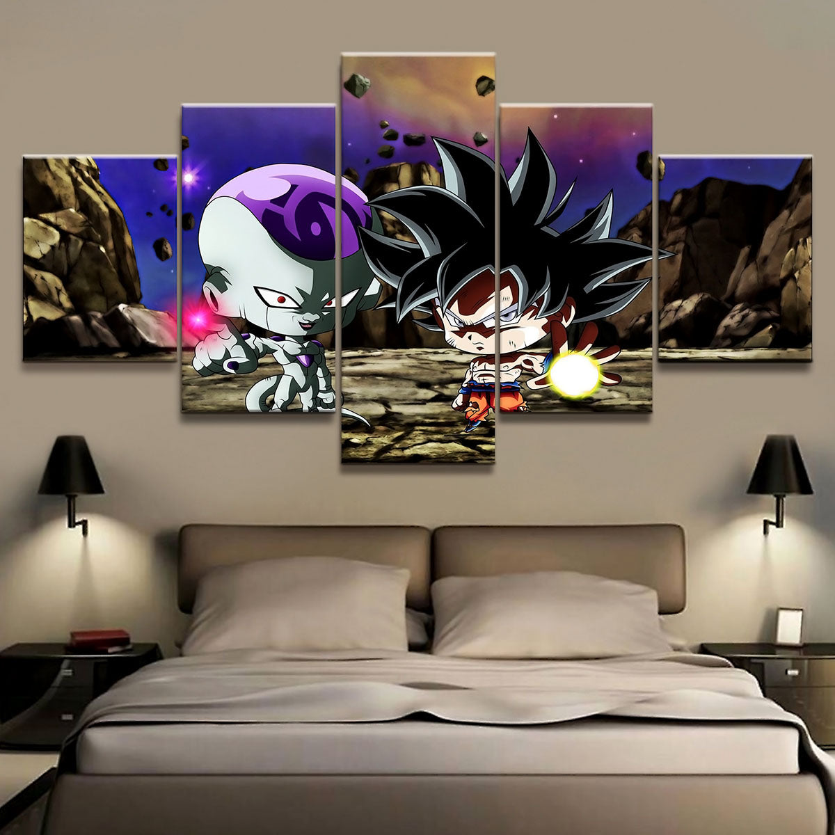 Dragon Ball Super Ultra Instinct Goku & Frieza Canvas Wall Art - 5 Piece Split Panel DBZ Anime Poster - Ready to Hang Home Man Cave Decor - DR5181