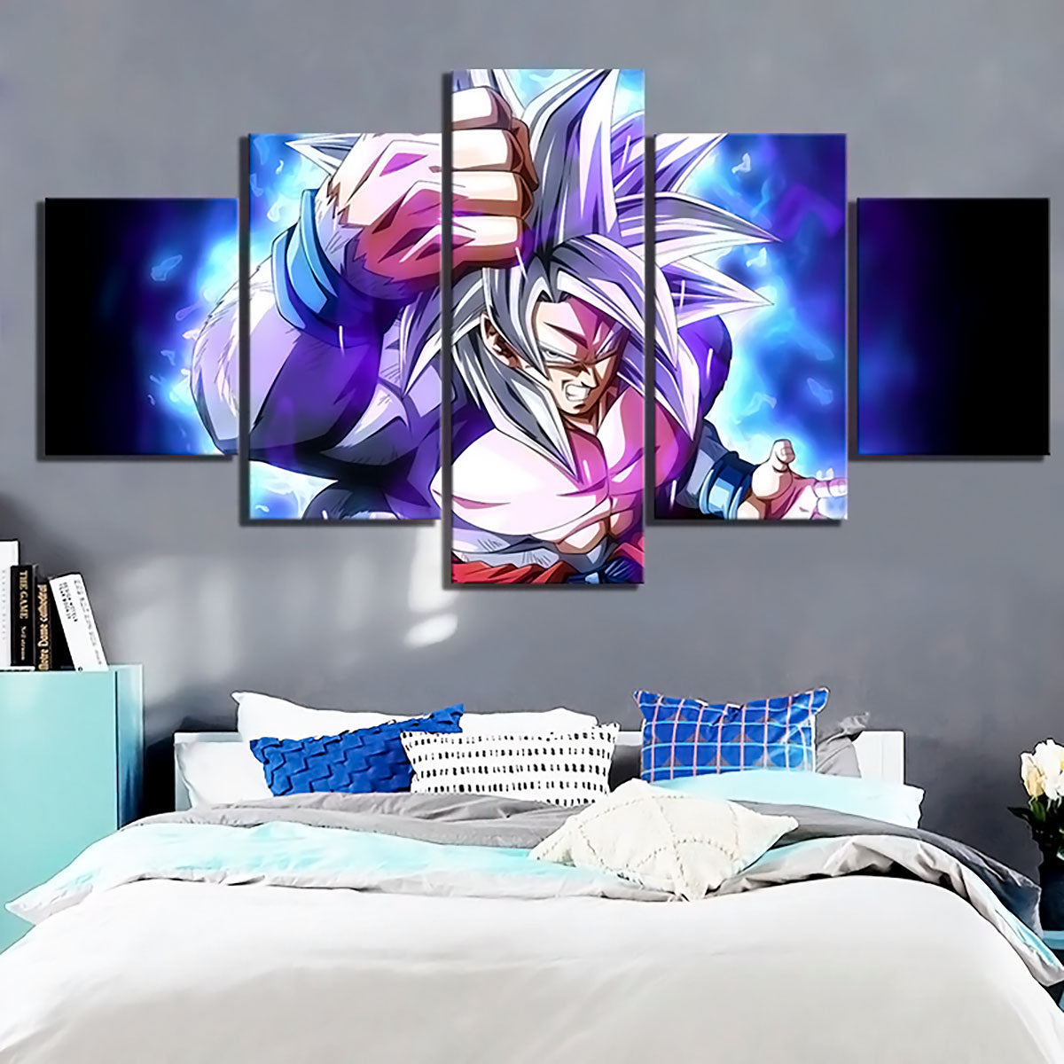 Dragon Ball Grand Tour Goku Ultra Instinct Canvas Wall Art - 5 Piece Split Panel GT Anime Poster - Ready to Hang Living Room Man Cave Decor - DR5166