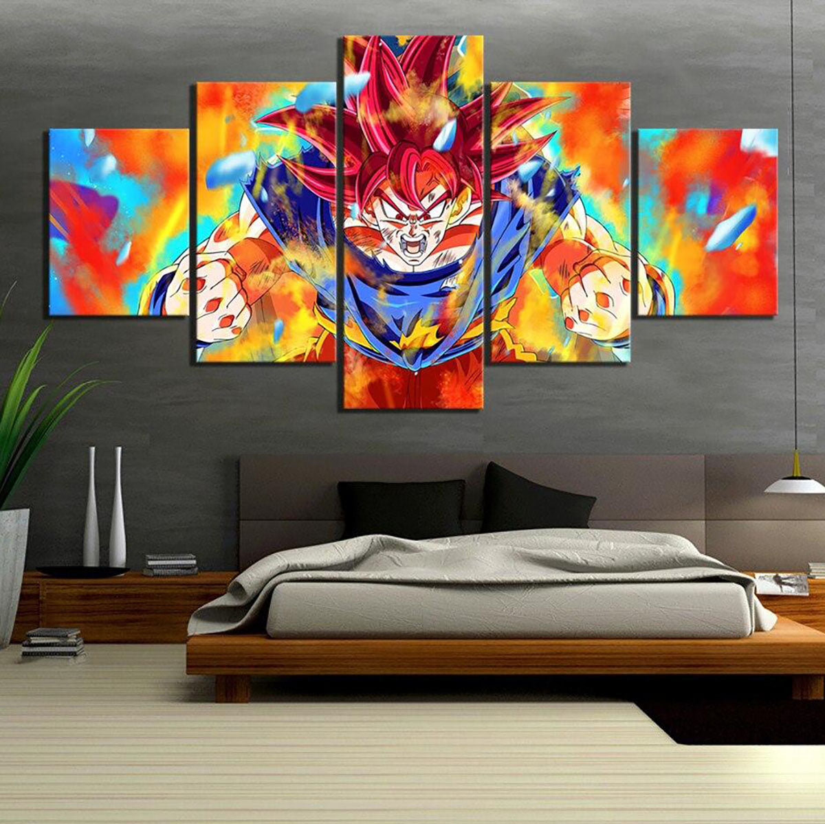 Dragon Ball Super Saiyan God Goku Canvas Wall Art - 5 Piece Split Panel DBZ Anime Poster - Framed Ready to Hang Living Room Man Cave Decor - DR5157