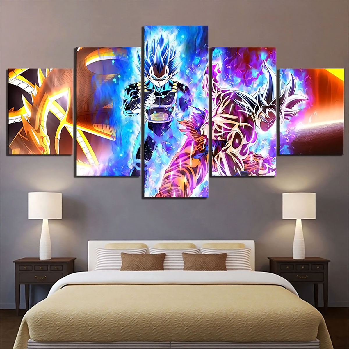 Dragon Ball Super Goku & Vegeta Canvas Wall Art - 5 Piece Split Panel DBZ Anime Poster - Ready to Hang Living Room Man Cave Decor - DR5140