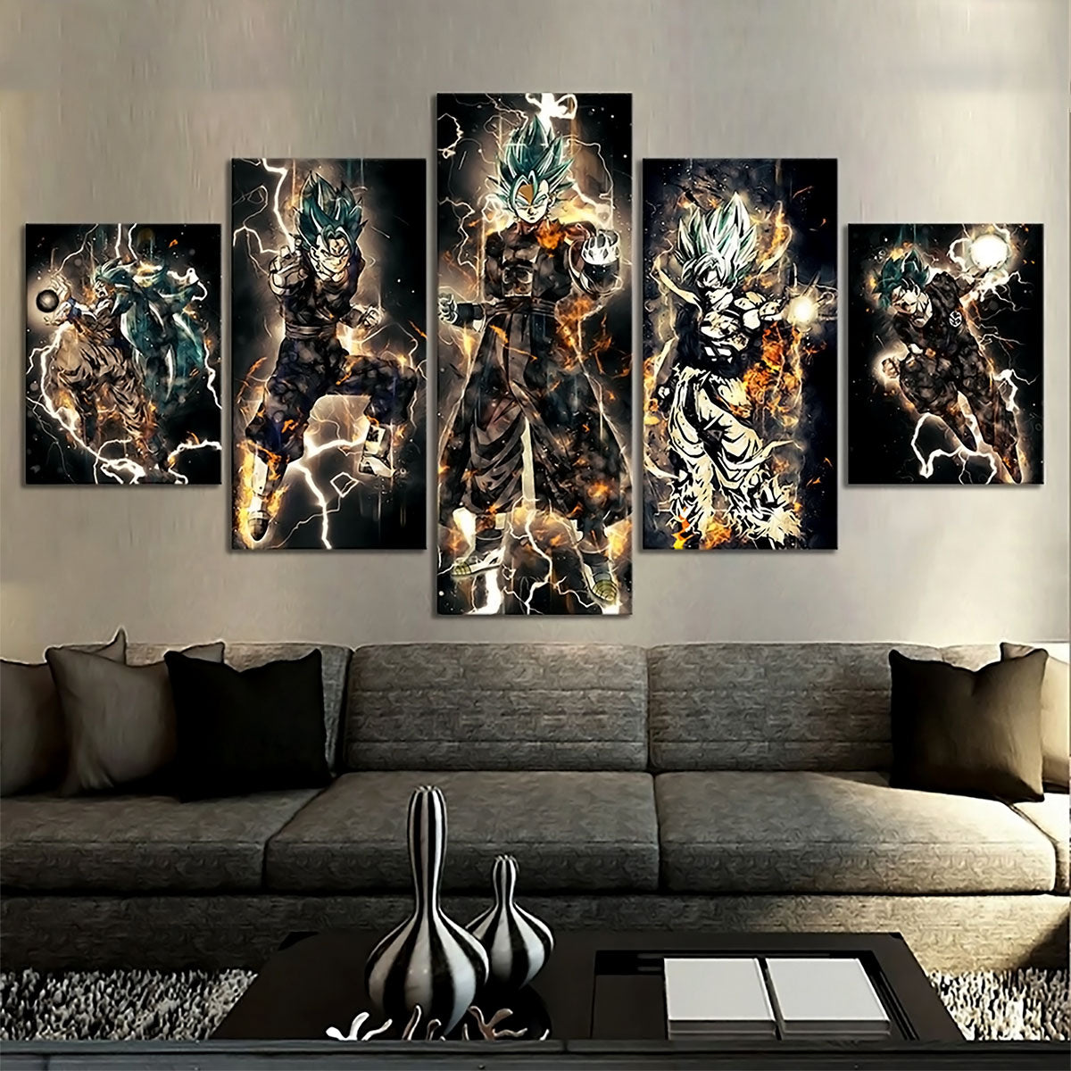 Dragon Ball Super Saiyan Blue Vegito Canvas Wall Art - 5 Piece Split Panel DBZ Anime Poster - Framed Ready to Hang Living Room Man Cave Decor - DR5168