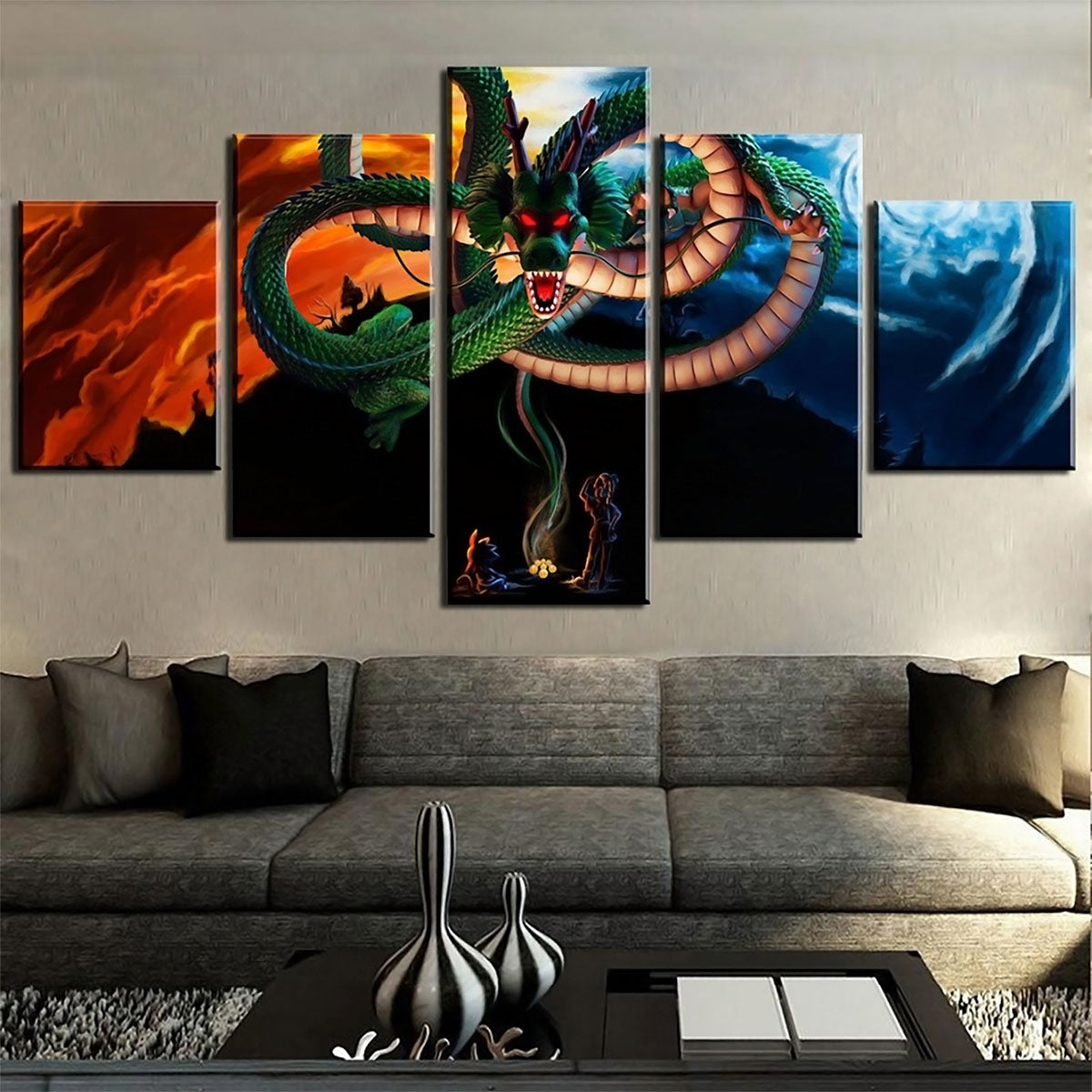 Dragon Ball Z Shenron Goku and Bulma Canvas Wall Art - 5 Piece Split Panel Anime Poster - Framed Ready to Hang Living Room Man Cave Decor - DR5158