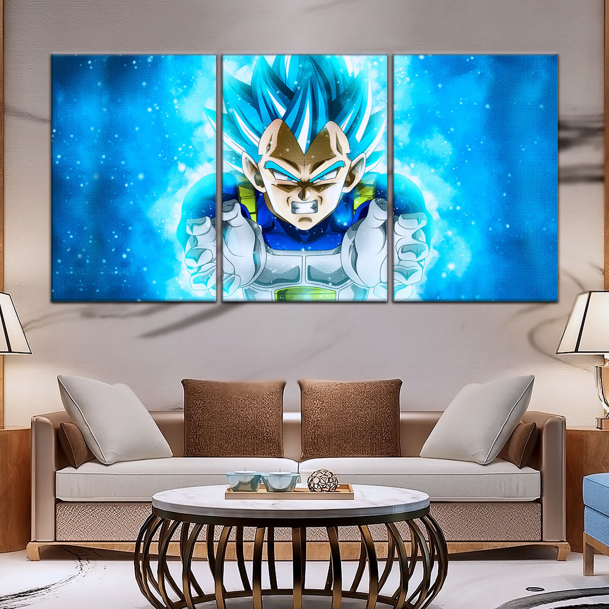 Dragon Ball Super Saiyan Blue Vegeta Canvas Wall Art - 5 Piece Split Panel DBZ Anime Poster - Framed Ready to Hang Living Room Man Cave Decor - DR5119