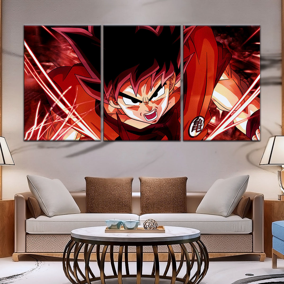 Dragon Ball Super Saiyan God Goku Canvas Wall Art - 5 Piece Split Panel DBZ Anime Poster - Framed Ready to Hang Living Room Man Cave Decor - DR5056