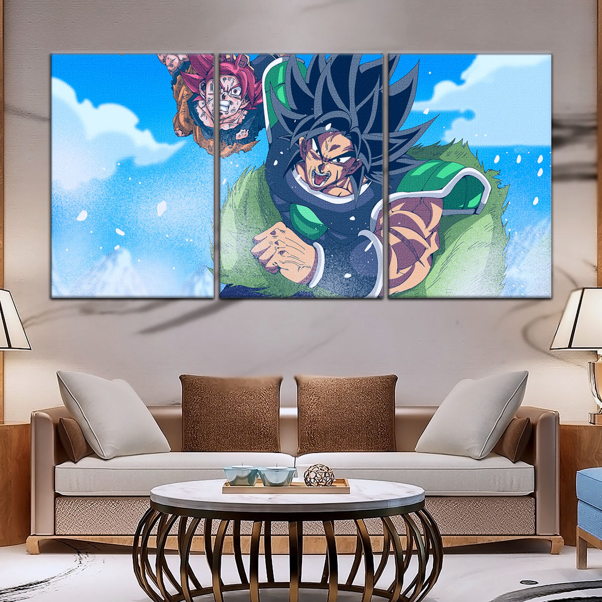 Dragon Ball Super Saiyan God Goku vs Broly Canvas Wall Art - 5 Piece Split Panel DBZ Anime Poster - Ready to Hang Living Room Man Cave Decor - DR5058