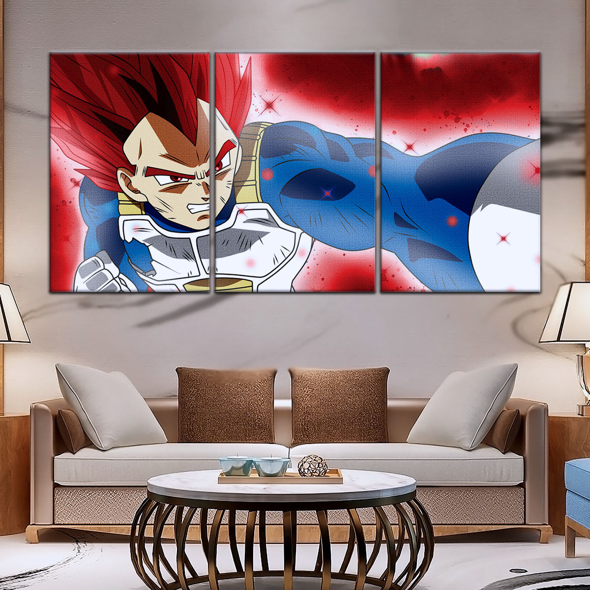 Dragon Ball Super Saiyan God Vegeta Canvas Wall Art - 5 Piece Split Panel DBZ Anime Poster - Framed Ready to Hang Living Room Man Cave Decor - DR5125