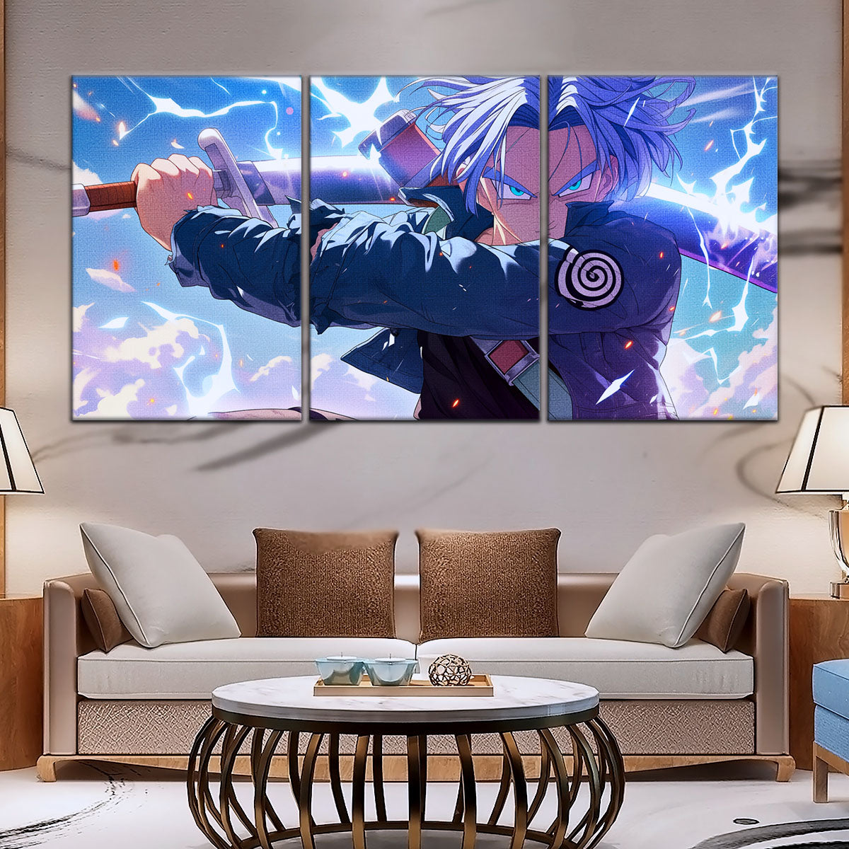 Dragon Ball Z Future Trunks Canvas Wall Art - 5 Piece Split Panel Anime Poster - Framed Ready to Hang Living Room Man Cave Decor - DR5109