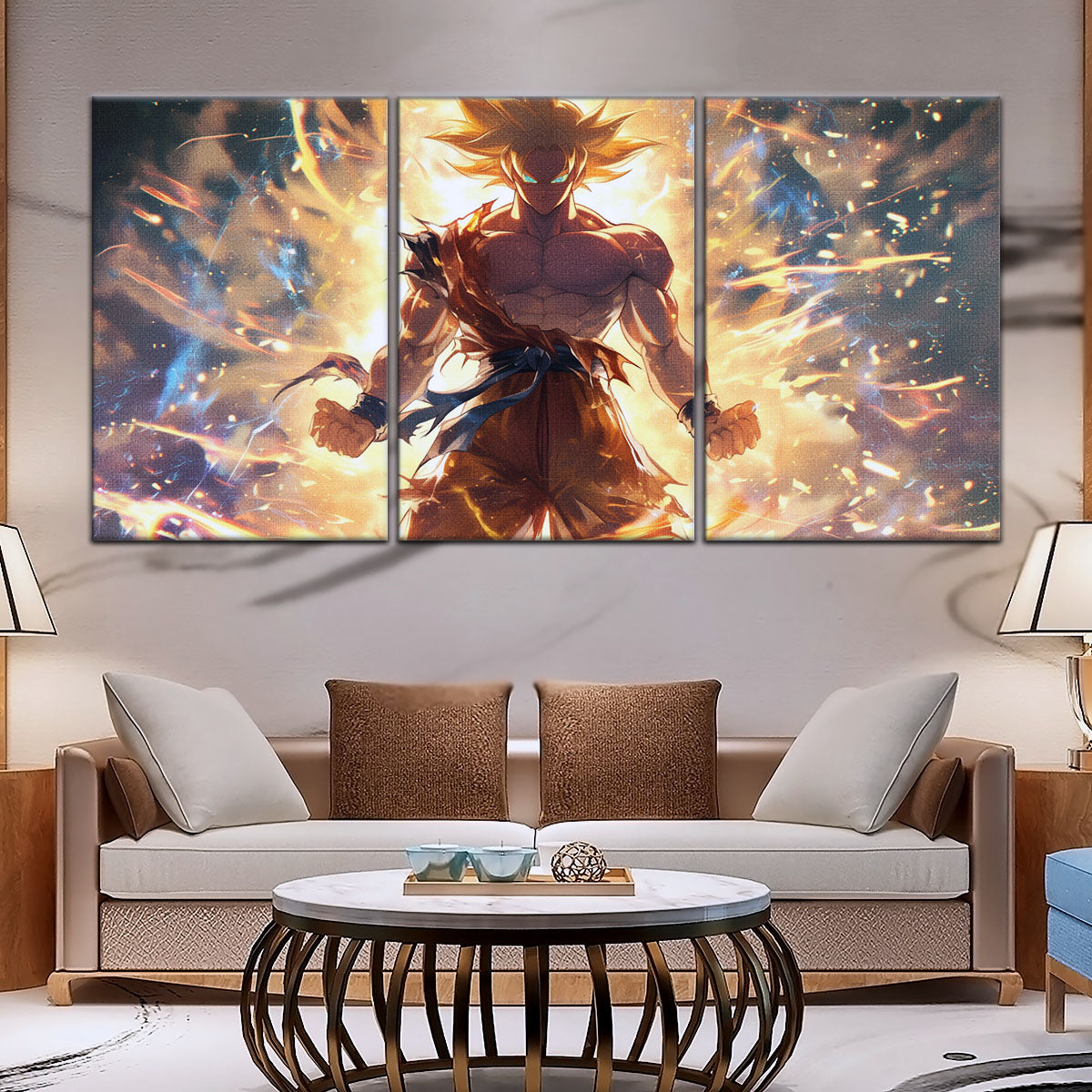 Dragon Ball Z Goku Super Saiyan Canvas Wall Art - 5 Piece Split Panel Anime Poster - Framed Ready to Hang Living Room Man Cave Decor - DR5082