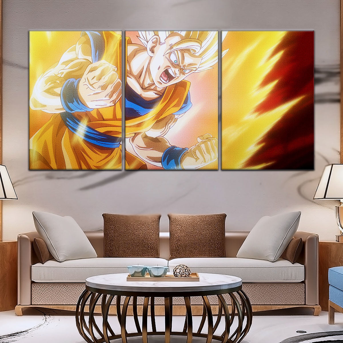 Dragon Ball Z Super Saiyan Goku Canvas Wall Art - 5 Piece Split Panel Anime Poster - Framed Ready to Hang Living Room Man Cave Decor - DR5043