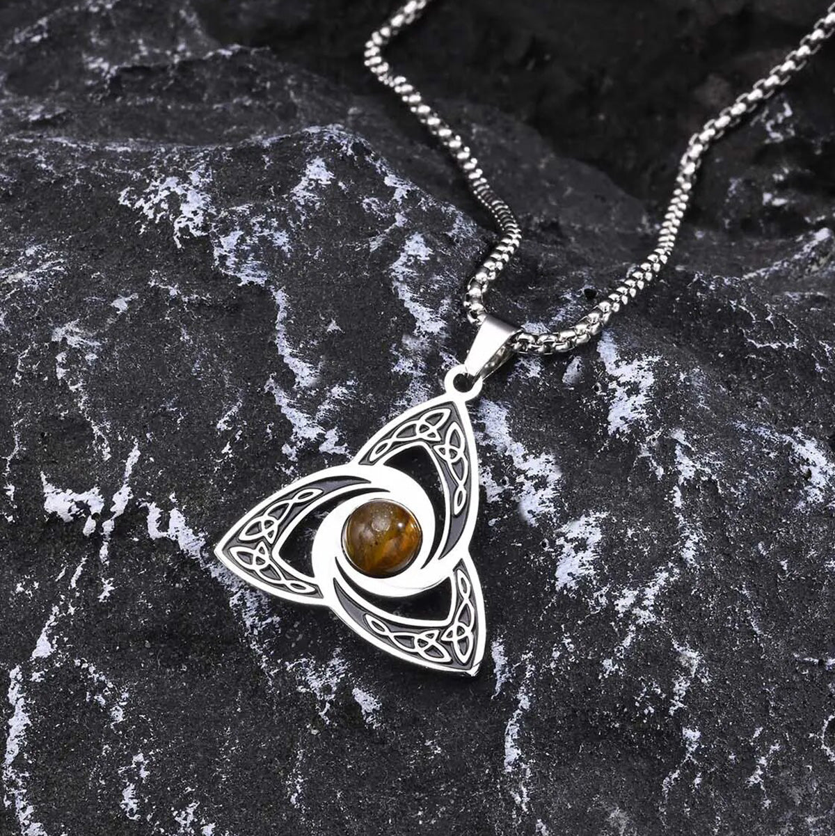 Viking - Ethnic Celtic Knot Necklaces for Men, Stainless Steel Tiger Eye Stone Charm Choker Collar