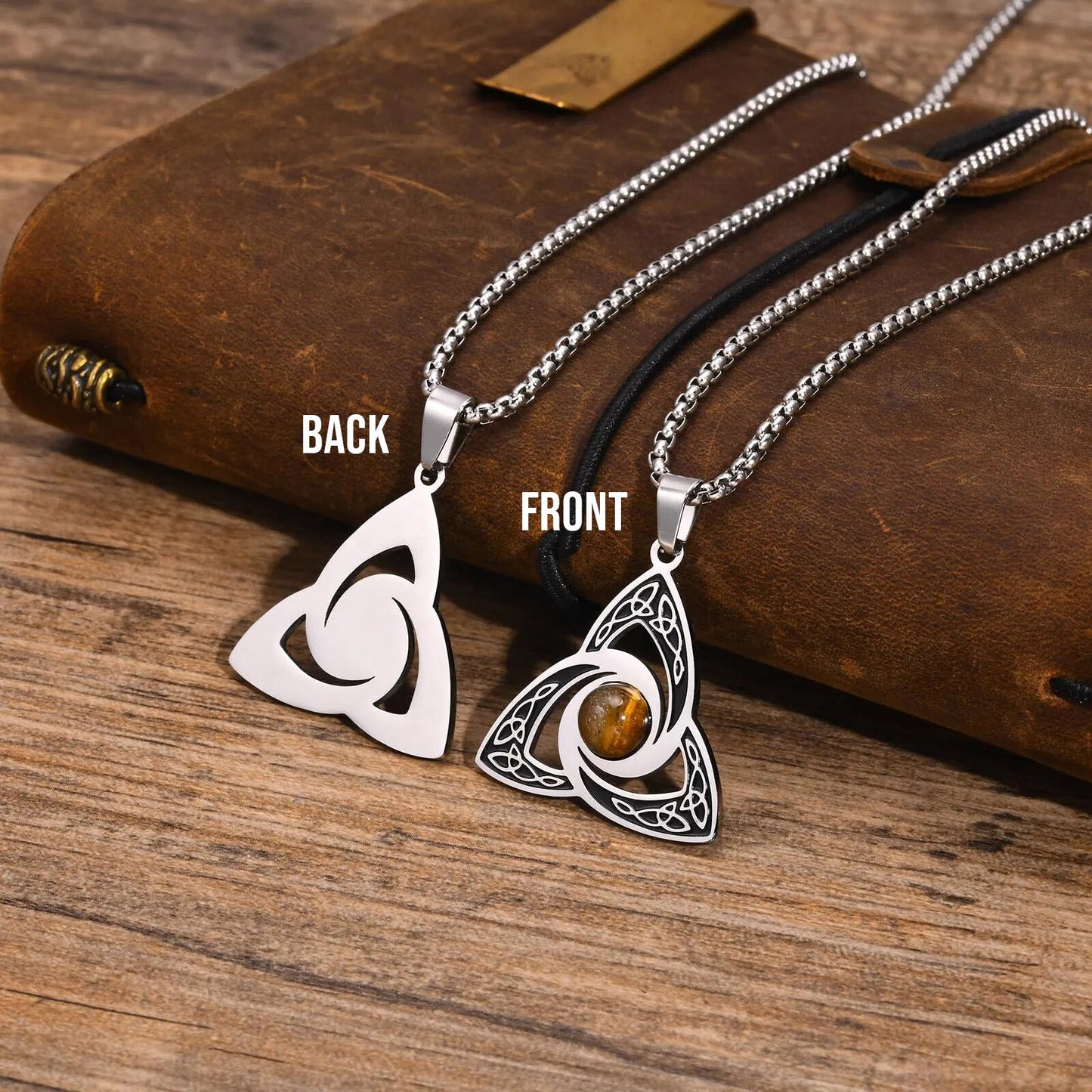 Viking - Ethnic Celtic Knot Necklaces for Men, Stainless Steel Tiger Eye Stone Charm Choker Collar