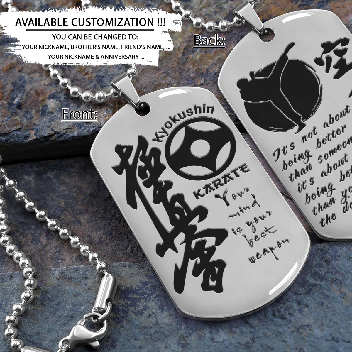 Karate Dog Tag - Your Mind Is Your Best Weapon - It's About Being Better Than You Were The Day Before - Kyokushin Karate - Karate Necklace - Engrave Dog Tag